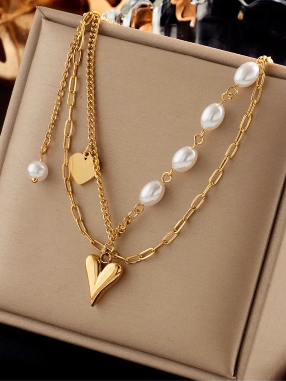 18k Gold Plated Pearl Layered Heart Necklace - Women Jewelry